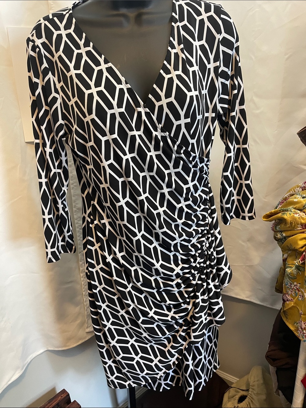 New York & Company Black and White Geometric Wrap Dress